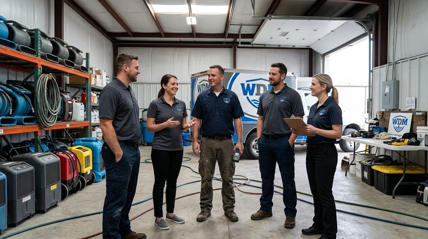 Water damage restoration team with drying equipment prepared for a cleanup job