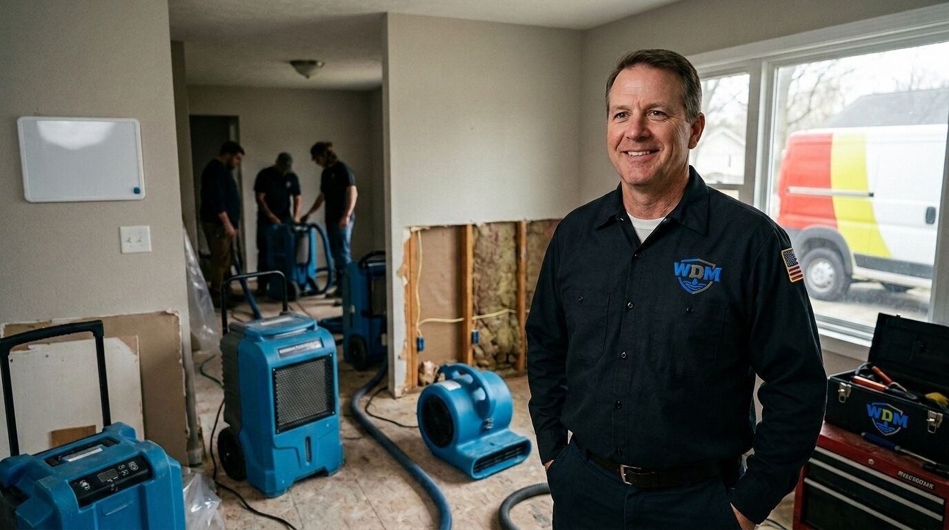Water damage technician standing beside drying equipment in a home