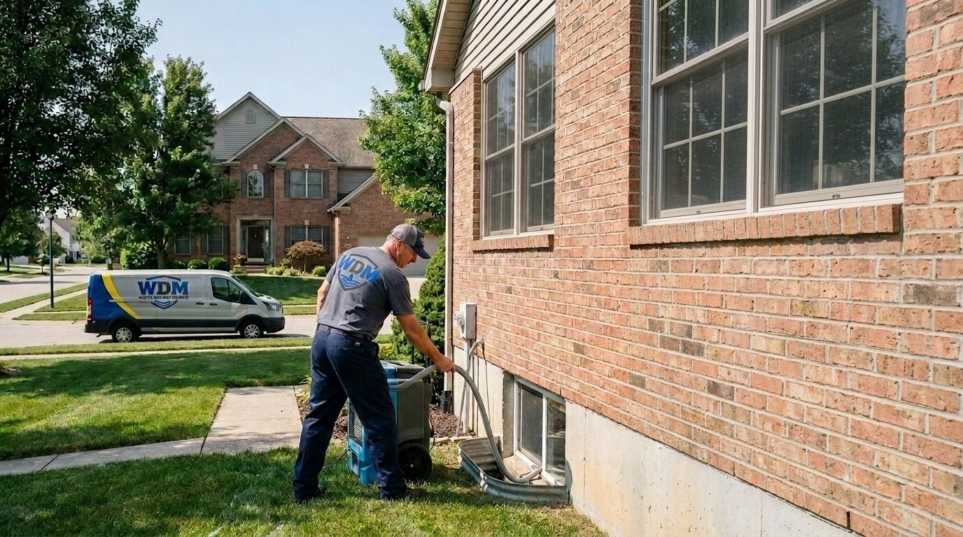 Technician using extraction equipment beside a home's basement-level foundation
