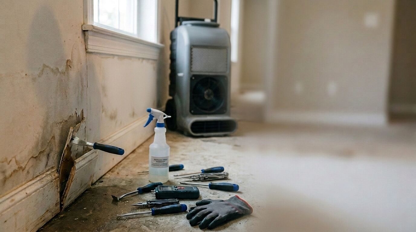 Water-damaged baseboard being assessed beside drying equipment