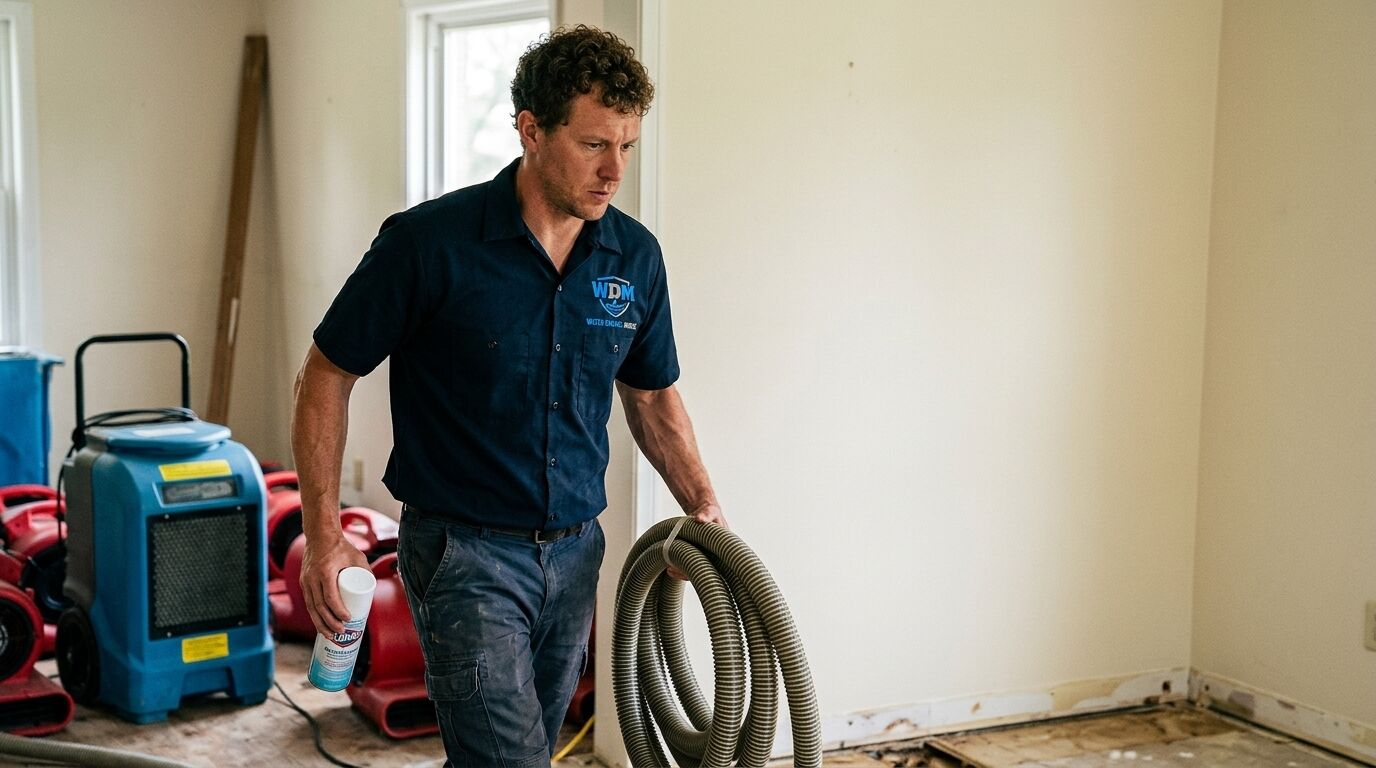 Water damage technician carrying an extraction hose through an affected room